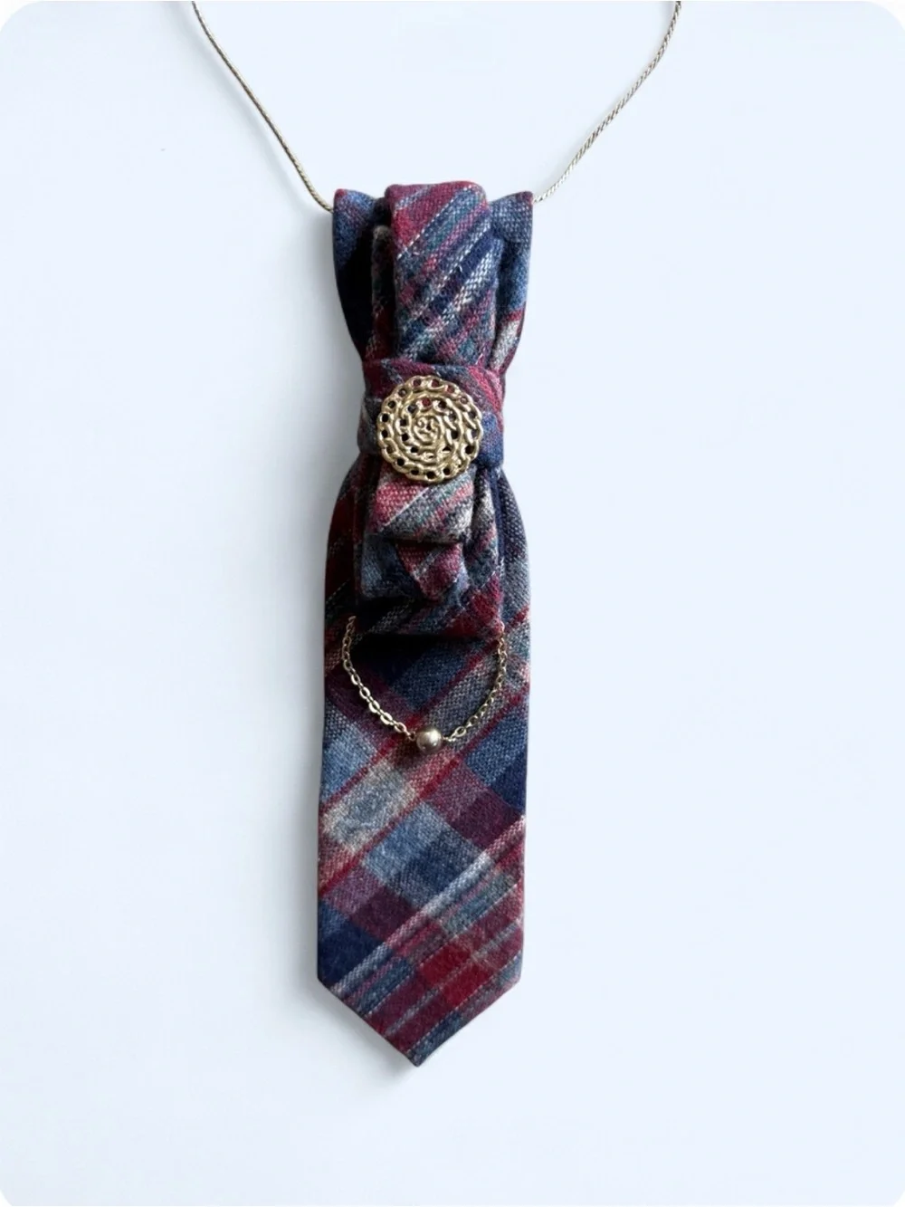 Upcycled Wool Blend Vintage Plaid Tartan Necktie Necklace Brooch Academia Preppy